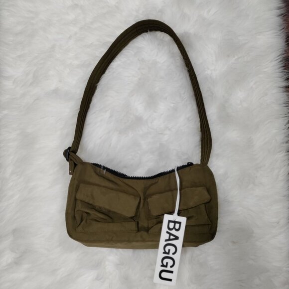 Baggu Olive Green Shoulder Bag With Front Pockets & Zipper Closure - Picture 1 of 7